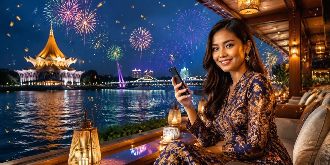 Pengguna Kuching dalam pakaian batik mengakses platform esport melalui telefon pintar
